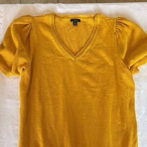 Ann Taylor Factory Mustard Yellow V-Neck Puff Sleeve Knit Top